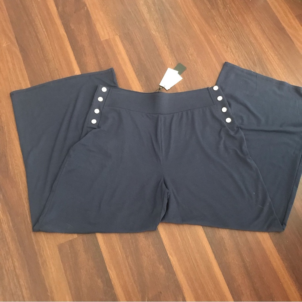Halston H By Halston Navy Sailor Wide Leg Pull On Knit Pants NWT